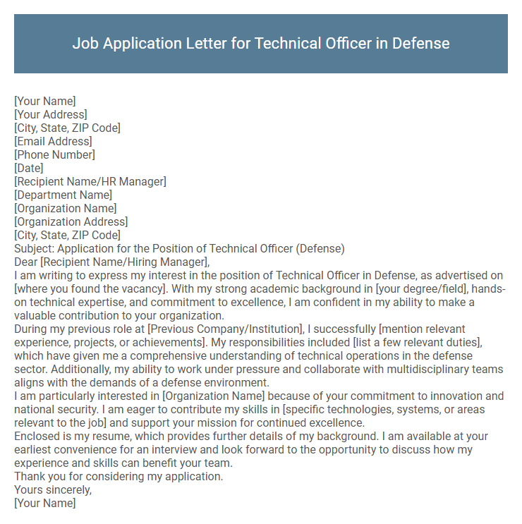 Job Application Letter for Technical Officer in Defense