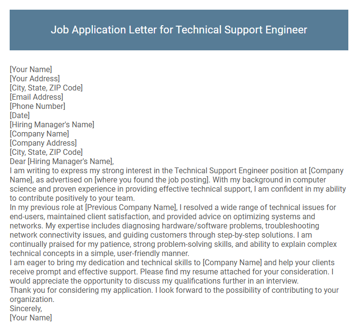 Job Application Letter for Technical Support Engineer