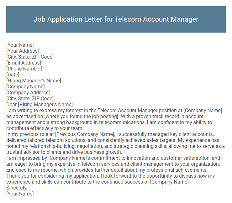 Job Application Letter for Telecom Account Manager