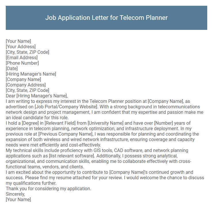 Job Application Letter for Telecom Planner