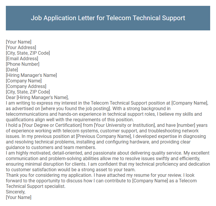 Job Application Letter for Telecom Technical Support
