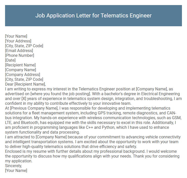 Job Application Letter for Telematics Engineer