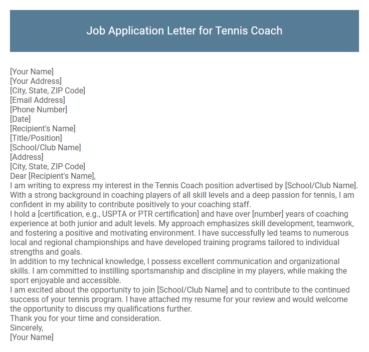 Job Application Letter for Tennis Coach