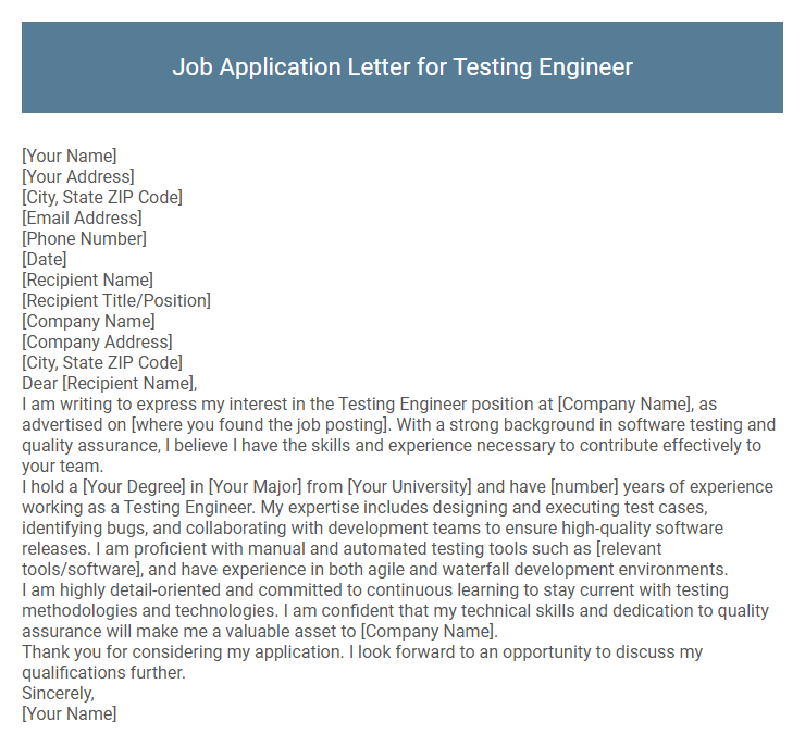 Job Application Letter for Testing Engineer