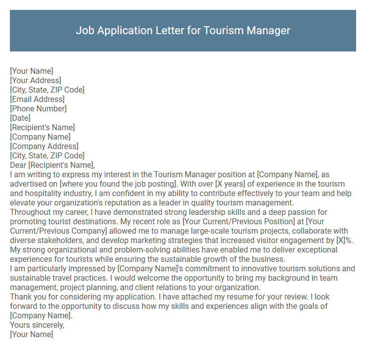 Job Application Letter for Tourism Manager