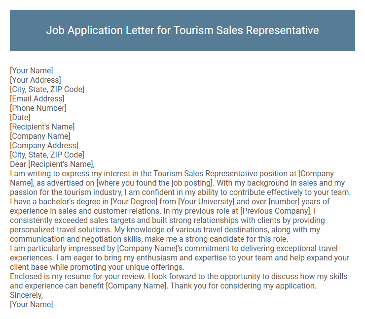 Job Application Letter for Tourism Sales Representative