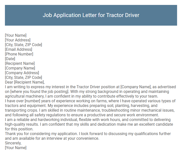 Job Application Letter for Tractor Driver