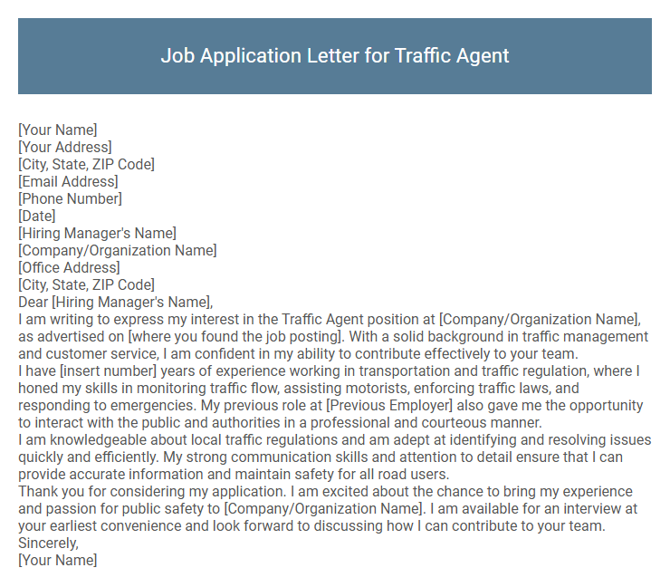 Job Application Letter for Traffic Agent