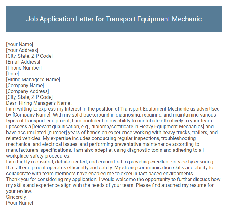 Job Application Letter for Transport Equipment Mechanic