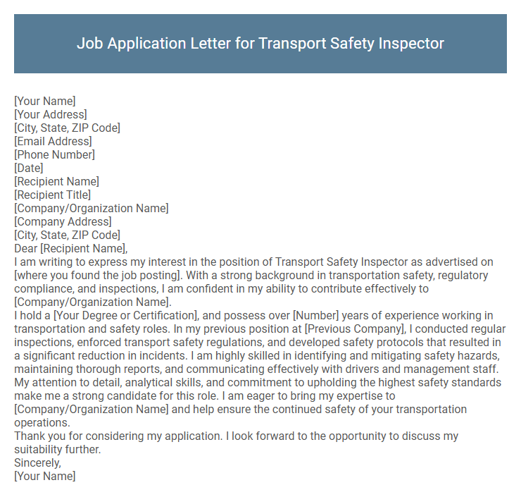 Job Application Letter for Transport Safety Inspector