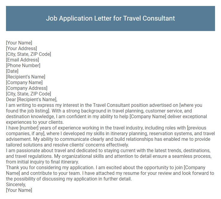 Job Application Letter for Travel Consultant
