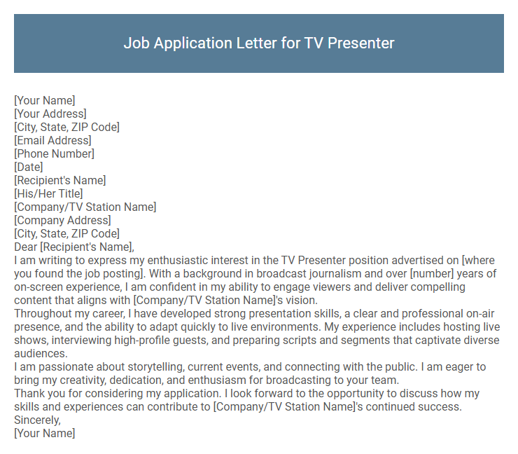 Job Application Letter for TV Presenter