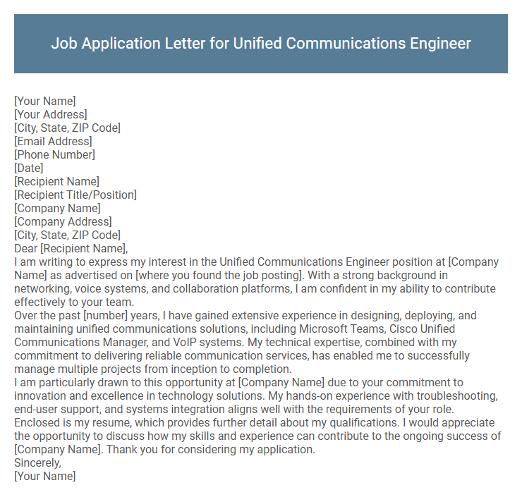 Job Application Letter for Unified Communications Engineer
