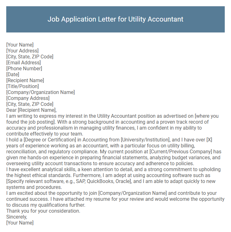 Job Application Letter for Utility Accountant