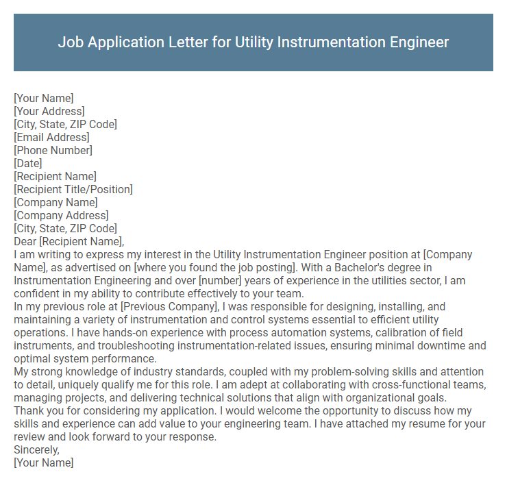 Job Application Letter for Utility Instrumentation Engineer