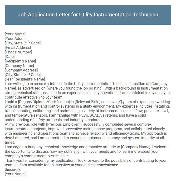 Job Application Letter for Utility Instrumentation Technician