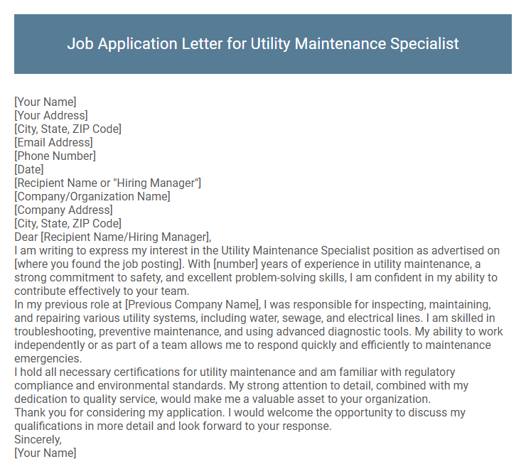 Job Application Letter for Utility Maintenance Specialist