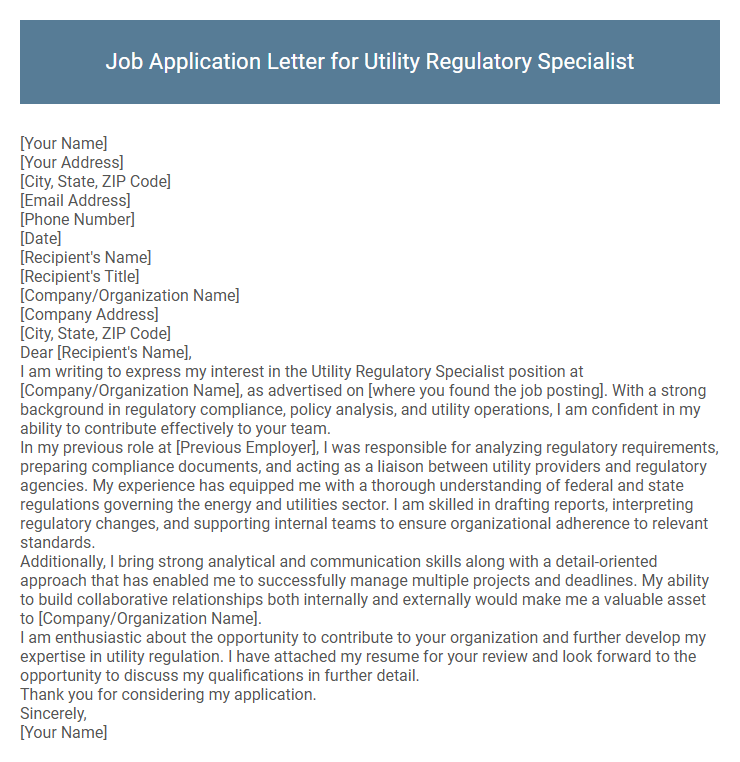 Job Application Letter for Utility Regulatory Specialist