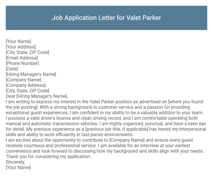 Job Application Letter for Valet Parker