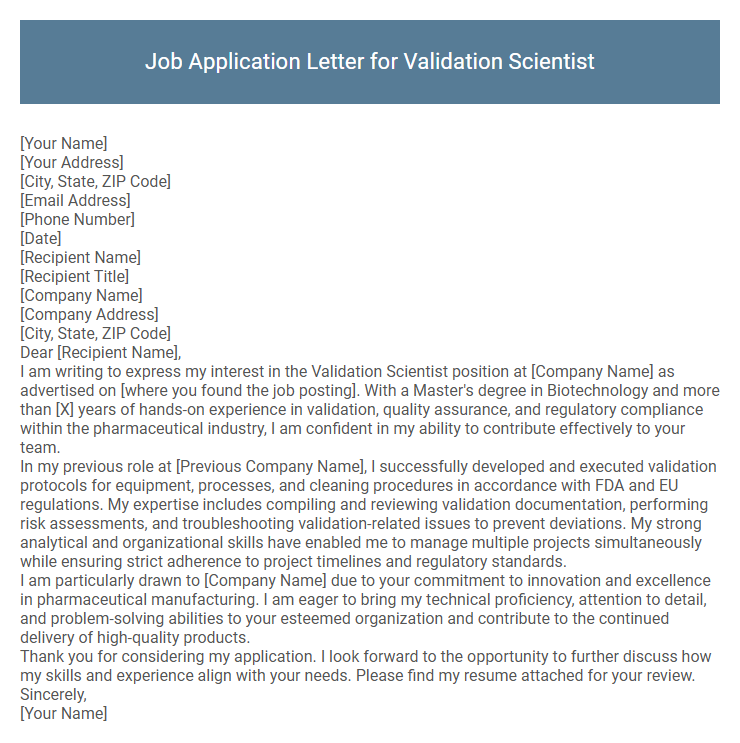 Job Application Letter for Validation Scientist
