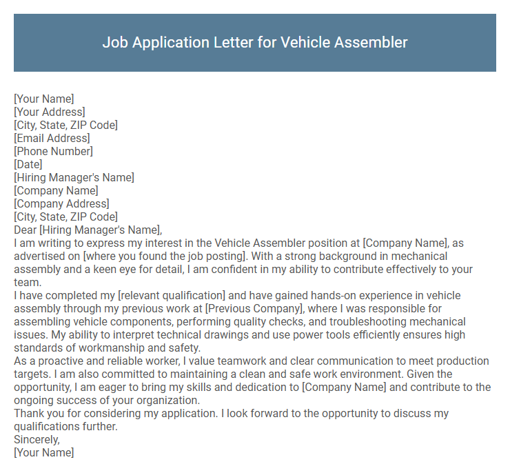 Job Application Letter for Vehicle Assembler