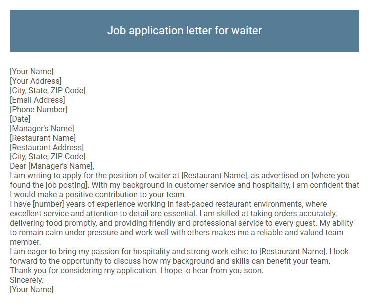 Job application letter for waiter