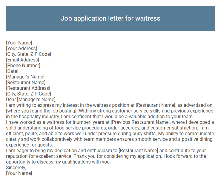Job application letter for waitress