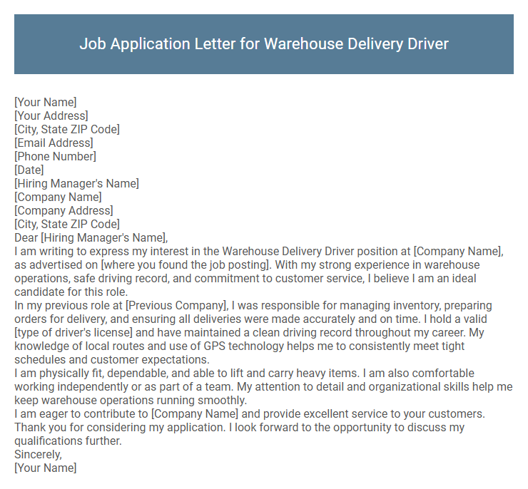 Job Application Letter for Warehouse Delivery Driver
