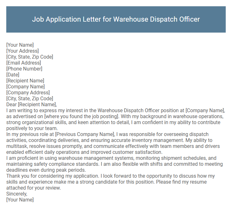 Job Application Letter for Warehouse Dispatch Officer