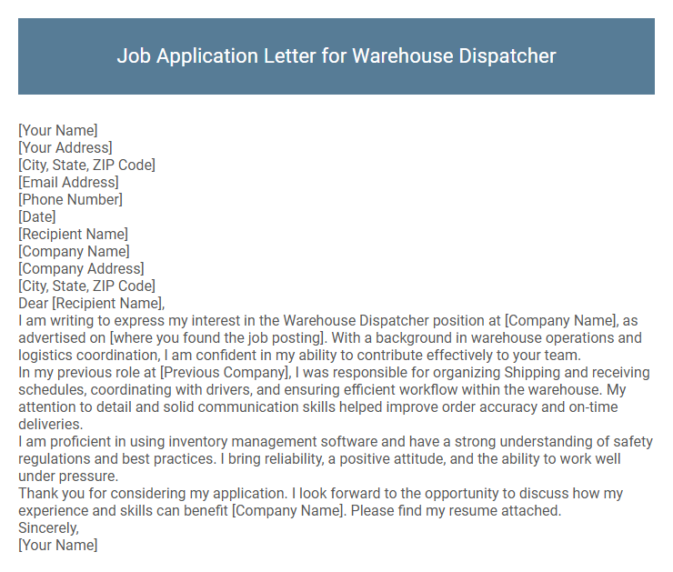 Job Application Letter for Warehouse Dispatcher
