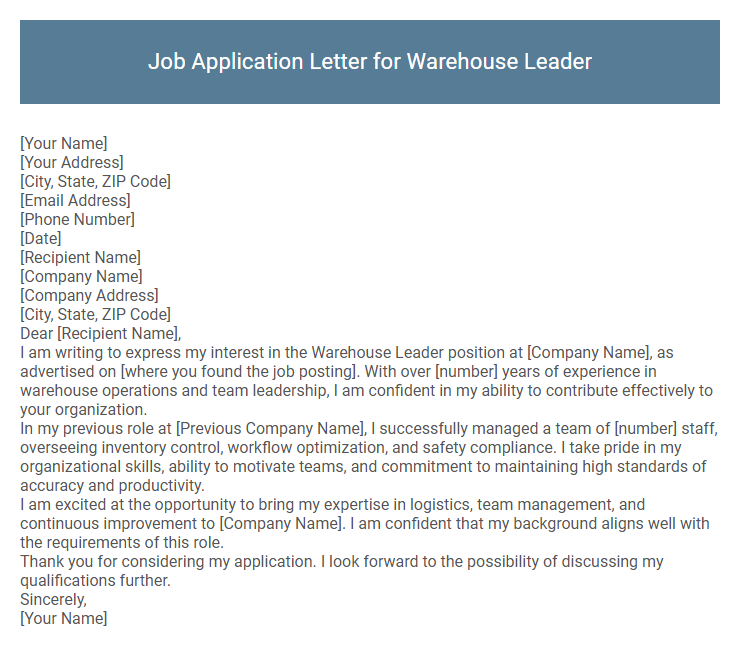Job Application Letter for Warehouse Leader