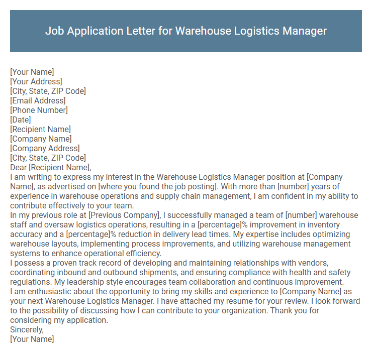 Job Application Letter for Warehouse Logistics Manager