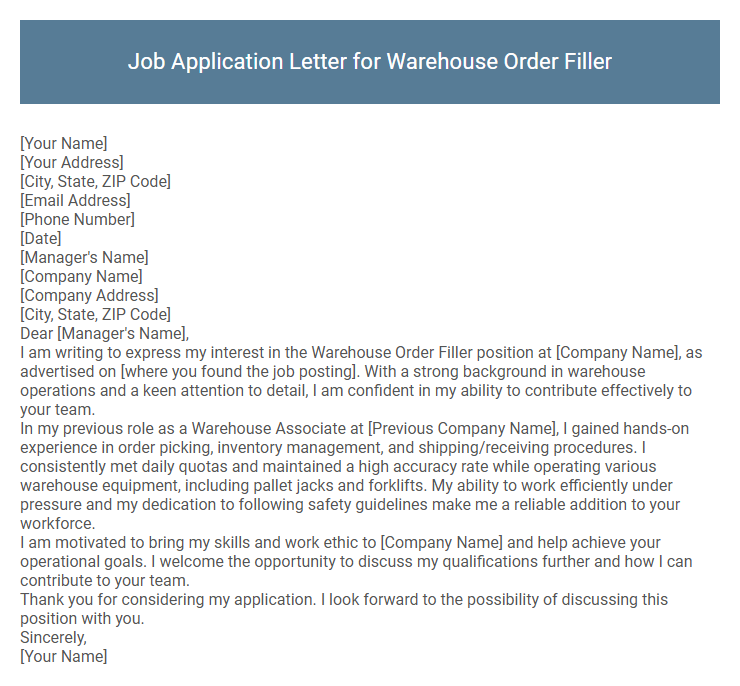 Job Application Letter for Warehouse Order Filler