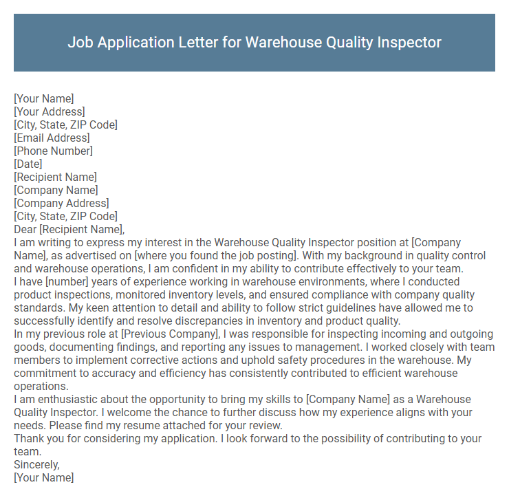 Job Application Letter for Warehouse Quality Inspector