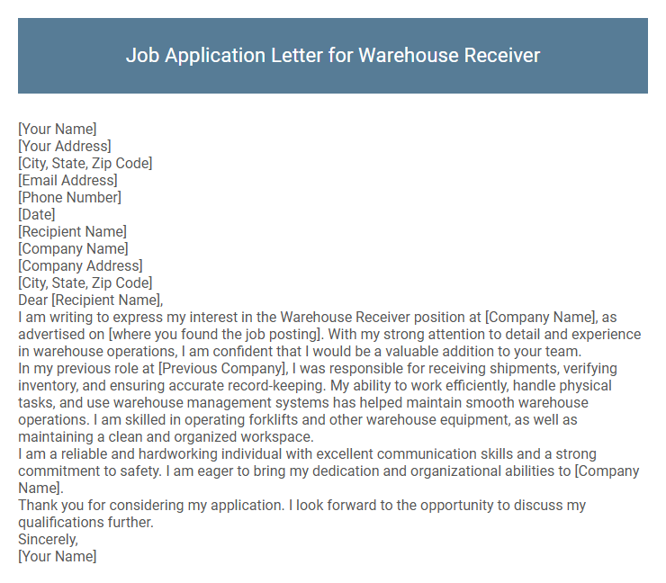 Job Application Letter for Warehouse Receiver