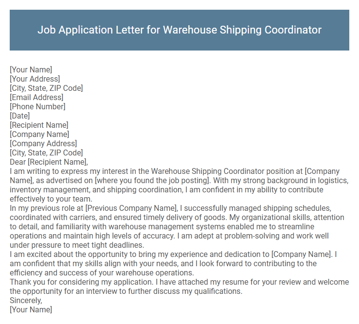 Job Application Letter for Warehouse Shipping Coordinator