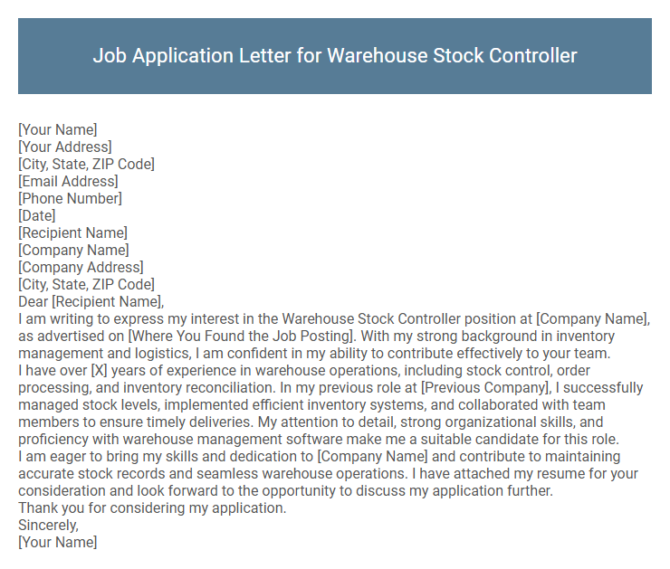 Job Application Letter for Warehouse Stock Controller