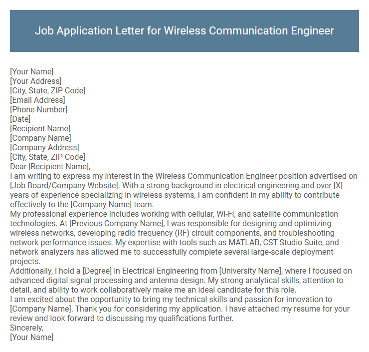 Job Application Letter for Wireless Communication Engineer