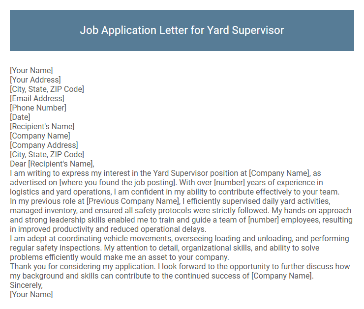 Job Application Letter for Yard Supervisor