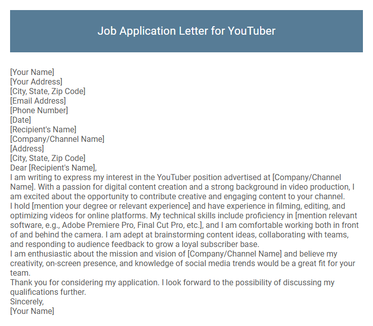 Job Application Letter for YouTuber
