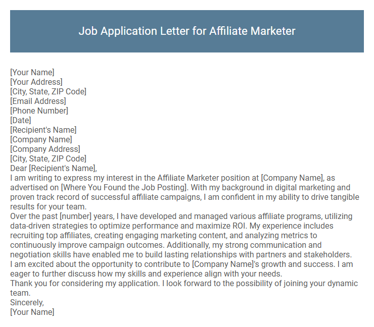 Job Application Letter for Affiliate Marketer