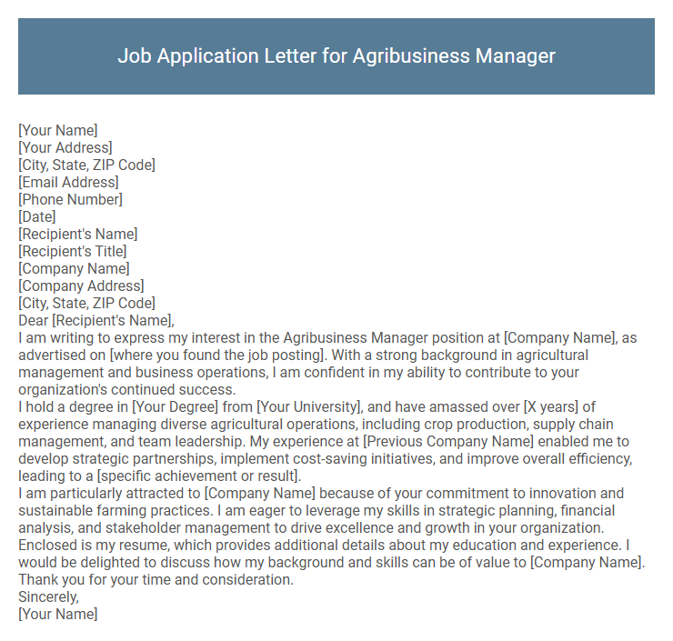 Job Application Letter for Agribusiness Manager