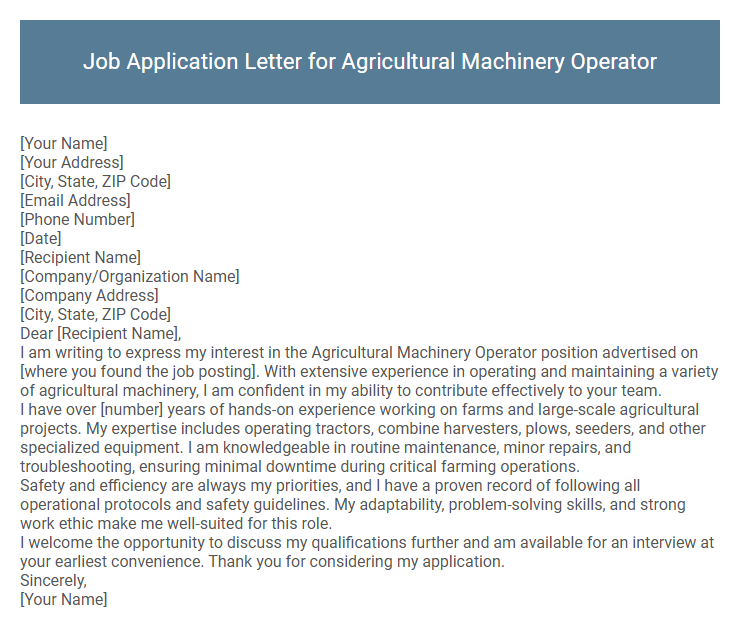 Job Application Letter for Agricultural Machinery Operator