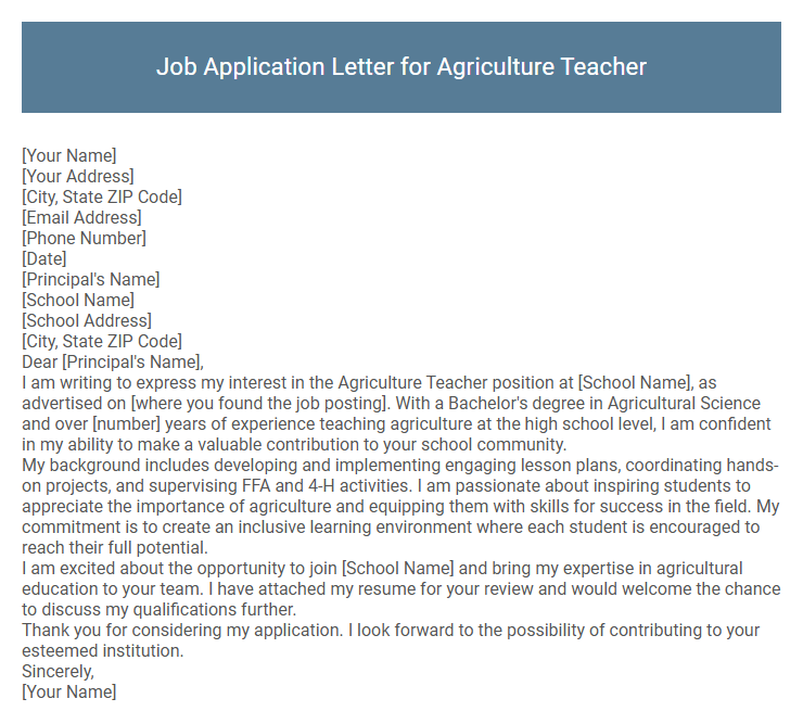 Job Application Letter for Agriculture Teacher