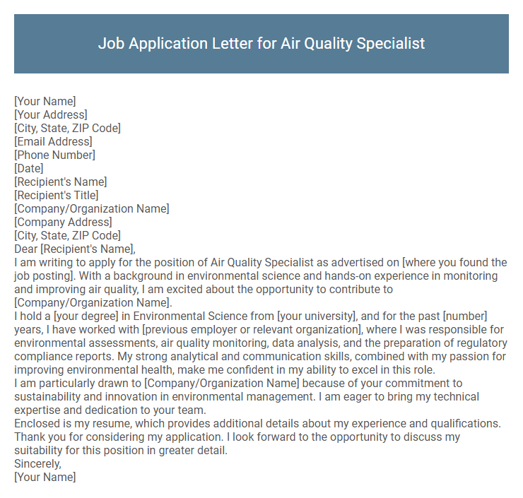 Job Application Letter for Air Quality Specialist