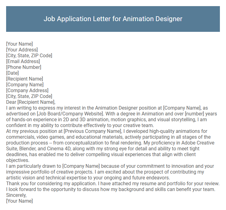 Job Application Letter for Animation Designer