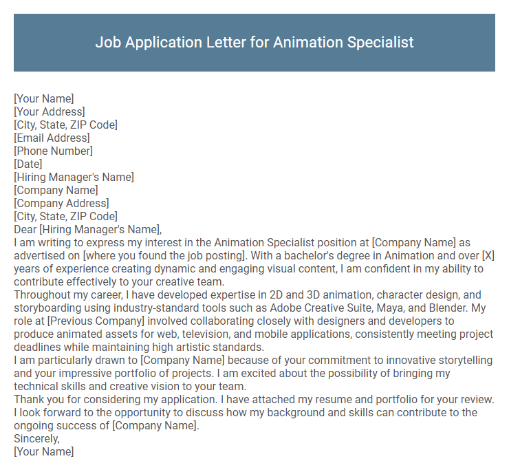 Job Application Letter for Animation Specialist