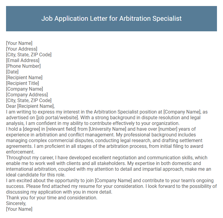 Job Application Letter for Arbitration Specialist