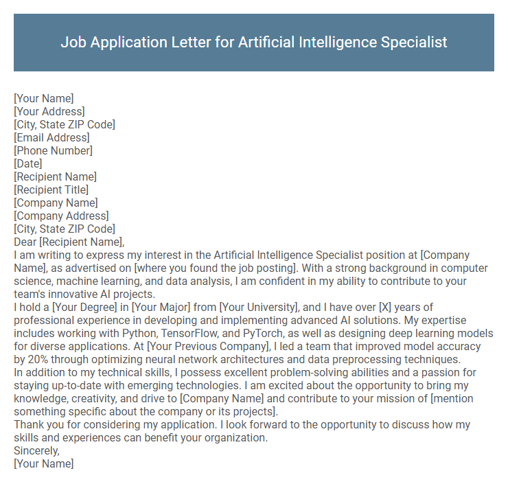 Job Application Letter for Artificial Intelligence Specialist