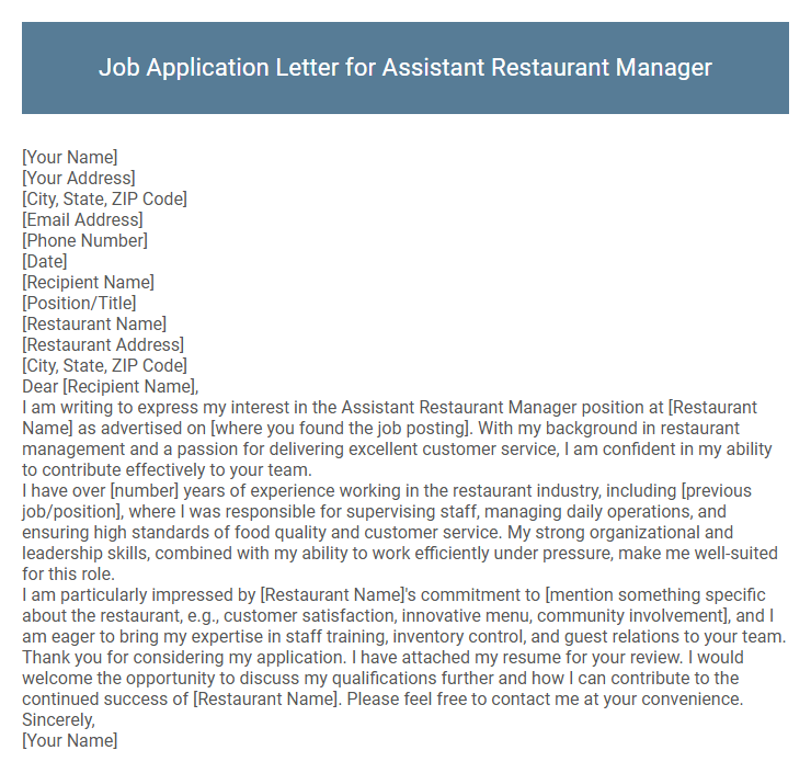 Job Application Letter for Assistant Restaurant Manager
